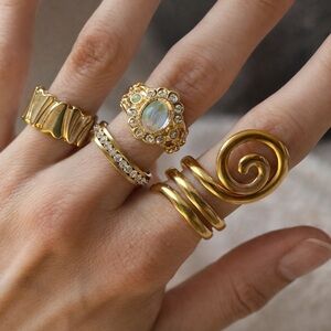 Set of 4 Iridescent Gold Rings, Gold Statement Jewelry Geometric Spiral Rings